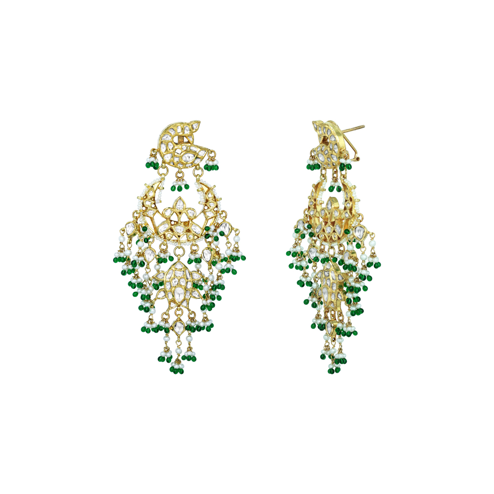 Floral Polki Earrings with Cascading Emerald and Pearl Beads